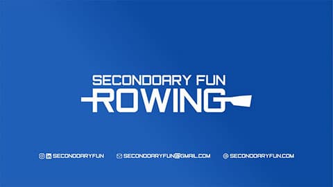 A blue background with text in white that reads 'Secondoary Fun Rowing' along with profile names for Instagram and LinkedIn, @SecondoaryFun, an email address secondoaryfun@gmail.com and the website www.secondoaryfun.com